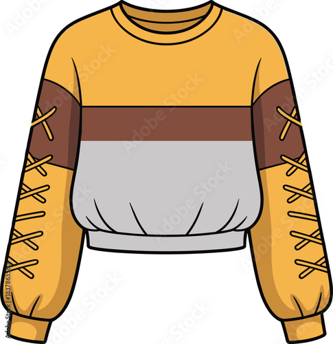 Cropped sweatshirt, color-blocked fashion, mustard yellow, brown stripe, gray panel, crisscross sleeve detail, trendy apparel, vector illustration, casual wear, stock design