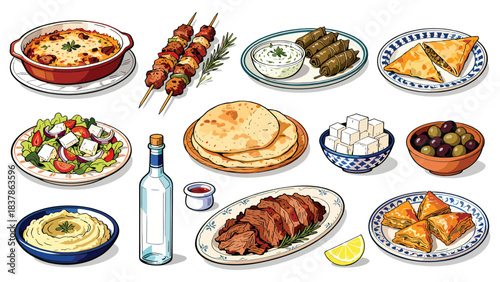 Greek food and drink assortment. Mediterranean cuisine. Traditional dishes. Flat illustration. White background. Vector design.