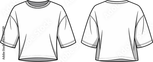 Cropped t-shirt front and back, short sleeves, round neckline, technical sketch, fashion design, garment construction, vector illustration, stock apparel