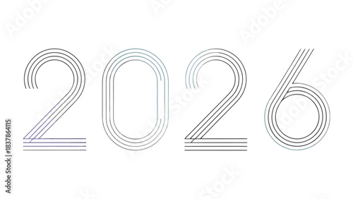 The Year 2026: An abstract presentation of the year 2026, composed of linear shapes, suggests the commencement of a new era, innovation, and technological evolution. 