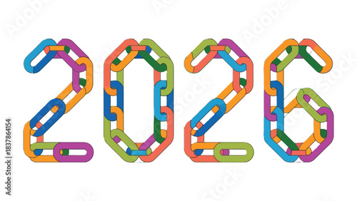 Colorful 2026 Typography: An abstract, interconnected chain design forms the numerals, symbolizing unity and interconnectedness. Bold typography representing new years goals 