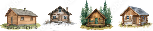 Watercolor set vector of a wooden cabin, isolated on a white background. Wooden cabin illustration.