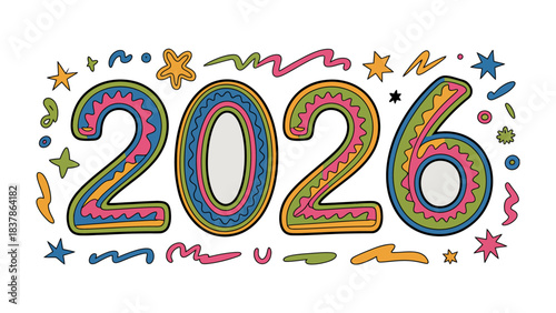Colorful New Year 2026: The New Year's countdown to 2026, decorated with whimsical designs and vibrant colors, is an uplifting greeting.