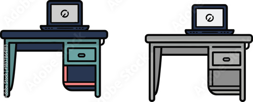 Home office desk setup with laptop, computer, and drawers, symbolizing remote work, work from home, and contemporary digital workplace organization, clean vector illustration.