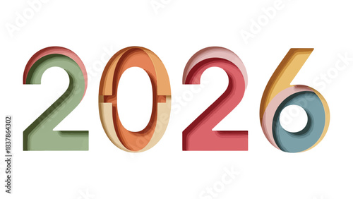 2026: A visual representation of the year 2026, composed of multi-layered, colorful cut-out numbers. Ideal for illustrating future events, goals, or projections.