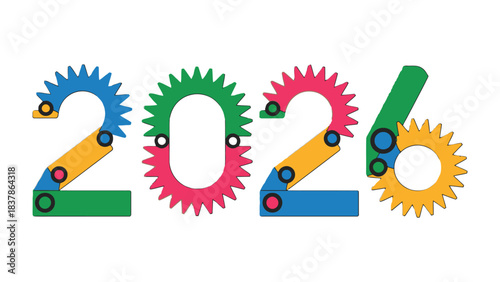 2026: Gears of Time: A colorful depiction of the year 2026, composed of interconnected gears, representing innovation, progress, and the mechanics of the future.