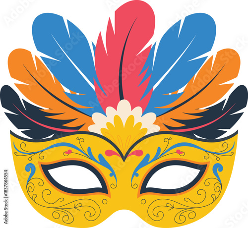 Masquerade mask, vibrant feathers, yellow base, festive design, Carnival accessory, Mardi Gras style, cultural celebration, vector illustration, stock art