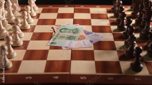 Chess pieces on a chessboard with chinese yuan banknotes underneath. Game theory and strategy concept for business finance.