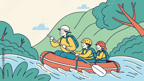 An adult and two children in an inflatable raft are whitewater rafting down a river surrounded by green hills and trees under a blue sky.