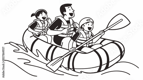 A father and his two children enjoy a thrilling whitewater rafting adventure on a sunny day.