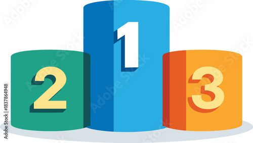 Multicolor winners podium, blue first place, green second tier, orange third platform, ranking stage, achievement symbol, vector illustration, stock design, competition success