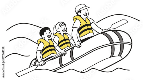 A family enjoys a thrilling white water rafting adventure on a sunny day, wearing life jackets and paddling together.