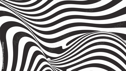 Optical illusion pattern, black and white waves, abstract motion design, visual depth effect, vector illustration, stock graphic, perception concept
