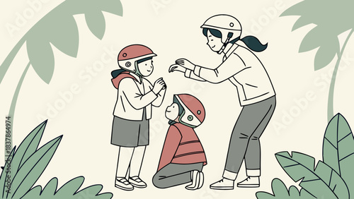 A woman helps two children with their helmets in a lush, green jungle environment, depicting safety and care.