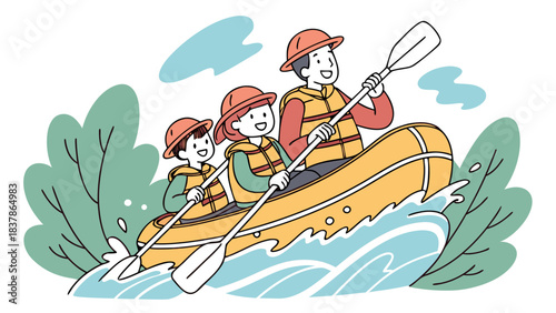 A family enjoys a thrilling whitewater rafting adventure on a river, paddling together in a yellow raft.