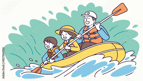 A happy family enjoys a thrilling white water rafting adventure on a sunny day.