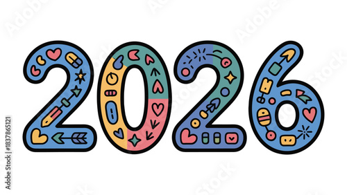New Year 2026: An illustrated depiction of the year 2026, combining vibrant colors and whimsical design to evoke a sense of optimism, anticipation, and excitement.