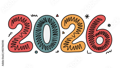Year 2026: The colorful and vibrant 2026 illustration, symbolizing the anticipation and possibilities of a new year. A festive, playful design with the year's numerals, inviting for a fresh start.