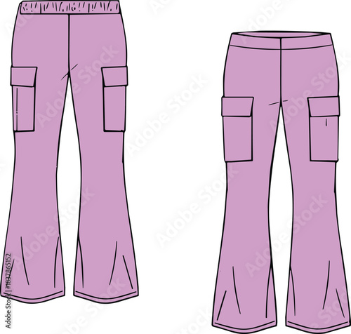 Purple cargo pants, flared leg design, back view fashion, side pockets, SUPA DUPA PHAT text, streetwear style, vector illustration, stock apparel