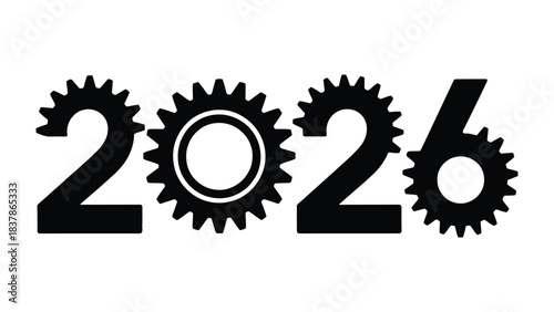 New Year's Gears: The year 2026 is creatively presented, integrating gear elements within the numerical design, embodying technological progress and industrial precision.