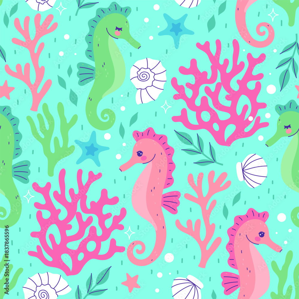 Naklejka premium Seamless pattern with seahorses, corals, and shells. Vector graphics.