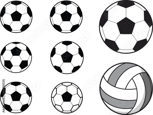Soccer and volleyball ball set, black and white sports icons, game equipment illustration, vector graphic, athletic concept, stock design