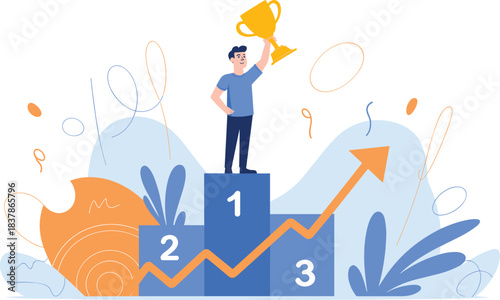 Victory podium illustration, trophy celebration, upward arrow progress, first place achievement, vector design, stock graphic, success concept