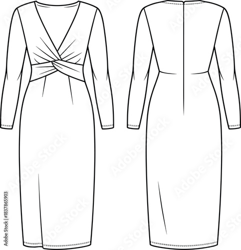 Women’s dress technical sketch, front and back view, long sleeve midi design, twisted waist detail, fashion illustration, garment construction