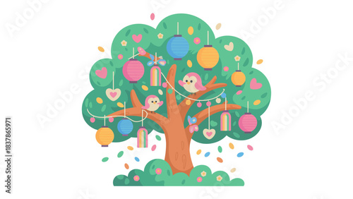 Whimsical Festival Tree: A vibrant illustration of a tree adorned with festive decorations, including colorful lanterns, charming birds, and heart-shaped ornaments, embodying joy and celebration.