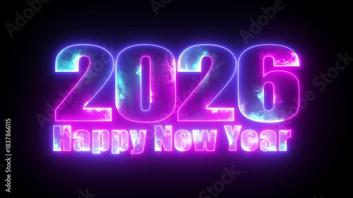 Glowing light neon text Happy new year 2026 animated background with festive new year celebration