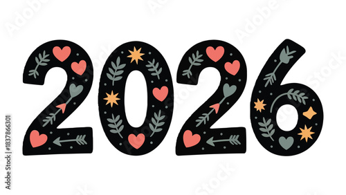 New Year Vision 2026: Embrace the future with a vibrant, handcrafted design showcasing the year 2026, filled with symbolic patterns of love and growth.