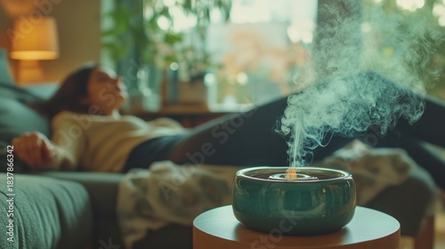 Serenity in Comfort: A woman reclines in peaceful bliss on a comfortable sofa, surrounded by a serene atmosphere created by a gently steaming aromatherapy diffuser