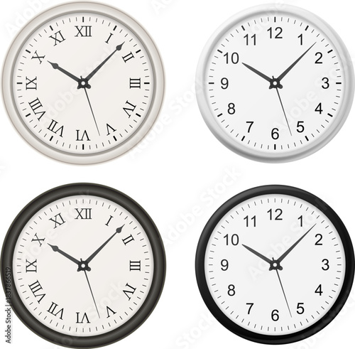 Collection of vintage and modern clocks displaying various time styles with clean, realistic design. Perfect for illustrating time management, punctuality, or decor themes. Wall clock set.