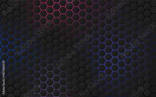 Abstract dark hexagonal pattern illuminated with pink, purple, and blue neon gradients, creating a modern futuristic tech-style background. Neon hexagon background. Futuristic honeycomb pattern.