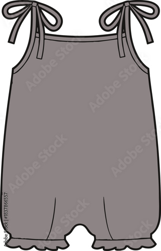 Technical fashion illustration of a cute grey baby girl romper featuring shoulder tie straps and ruffled leg openings, isolated on white background.