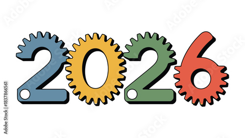 Vision of 2026: A creative and dynamic design of the number 2026, where each digit is replaced by a vibrant gear, set against a clean background, symbolizing the gears of innovation, and progress.