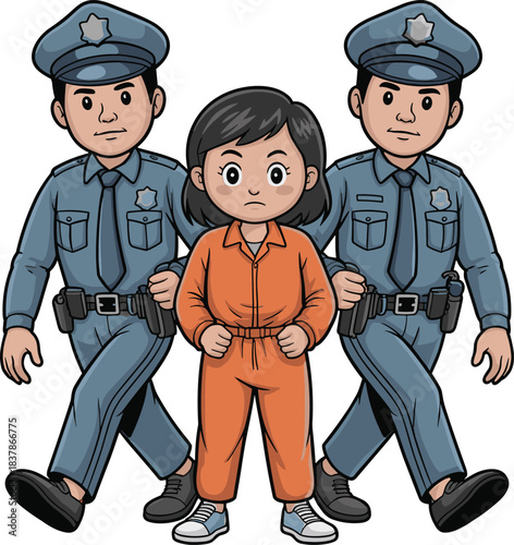 Two Law Enforcement Figures Arresting a Woman in an Orange Jumpsuit, Representing Crime, Justice, and Legal Consequences