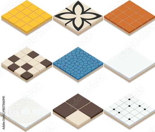 Set of Floor and Wall Tiles: Collection of Square Interior Design Elements with Various Patterns, Textures, and Colors for Home Decoration or Game Assets