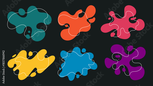 Abstract paint splashes in red, yellow, blue, purple and orange fluids concept illustration