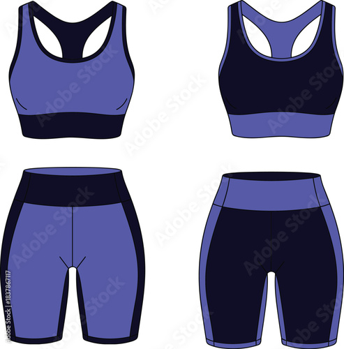 Women's activewear set vector illustration sports bra and biker shorts with color block panels blue technical drawing fashion flat sketch isolated on white background