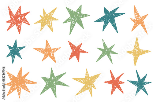 Hand-drawn star doodles in crayon and chalk textures. Grunge brush strokes create playful sparkle icons with pastel tones and whimsical shapes. Vector illustration on white background