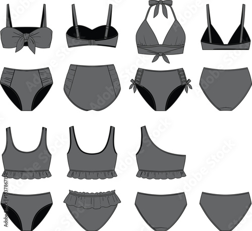 Collection of women fashion clothing sketches including shirt dress, off shoulder dress, tiered midi dress, and jumpsuit, flat vector illustration isolated on white background.