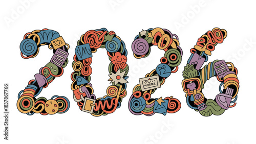 The year 2026: An intricately designed illustration that depicts the year 2026, creating a whimsical and decorative numeral design, filled with artistic elements and patterns. 