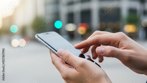 Close-up of hands holding and interacting with a modern smartphone screen in an outdoor urban environment