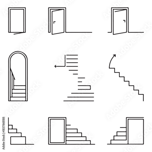 Doors, stairs for floor plan top view. Architectural elements set for apartment scheme. vector