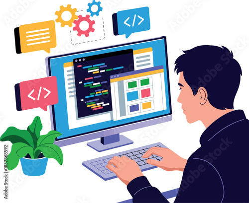 Dynamic illustration of a dedicated developer bringing innovative software concepts to life through meticulous coding and web design on a desktop computer, surrounded by digital development tools