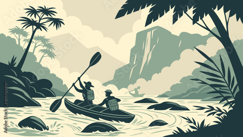 Two people kayaking down a river surrounded by lush tropical foliage and majestic mountains.