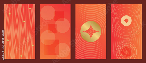 Chinese New Year decorative pattern vector illustration with lucky knot symbol, geometric circle shapes, wave motifs and traditional lanterns on a warm red gradient background. 