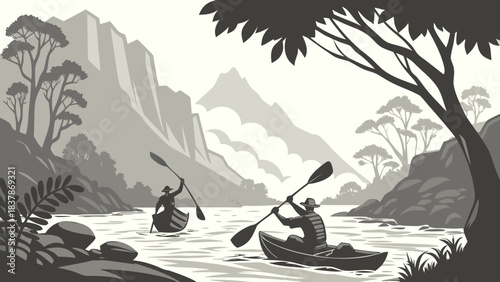 Two people kayaking down a river surrounded by majestic mountains and lush trees in a grayscale illustration.