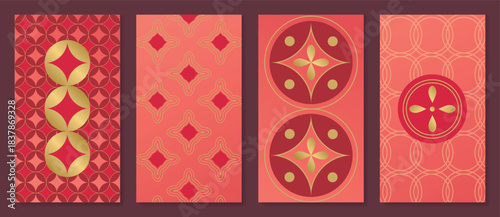 Chinese New Year decorative pattern vector illustration with lucky knot symbol, geometric circle shapes, wave motifs and traditional lanterns on a warm red gradient background. 